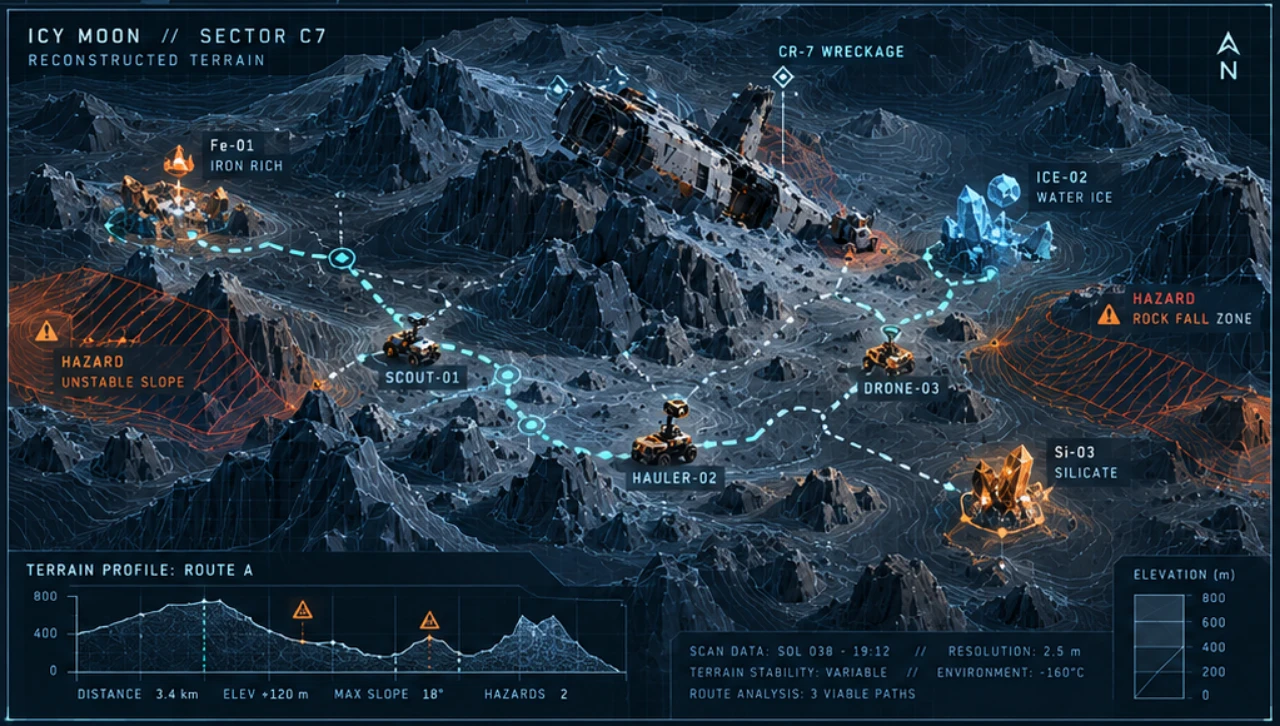 Concept art: Ship-computer reconstruction of terrain with cyan routes and amber hazard areas
